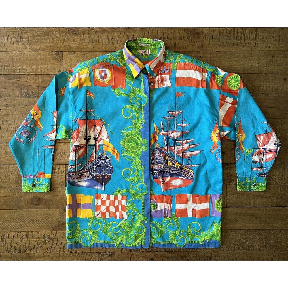 VINTAGE RARE Gianni Versace Nautical ship and Flags button down shirt Early 90s